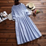 Spring Autumn Women Casual Maxi Long Dress Turn Down Collar Striped Cotton Linen Vintage Vestidos Full Sleeve Blue Femme Dresses