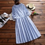Spring Autumn Women Casual Maxi Long Dress Turn Down Collar Striped Cotton Linen Vintage Vestidos Full Sleeve Blue Femme Dresses