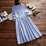 Spring Autumn Women Casual Maxi Long Dress Turn Down Collar Striped Cotton Linen Vintage Vestidos Full Sleeve Blue Femme Dresses