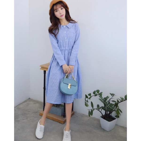 Spring Autumn Women Casual Maxi Long Dress Turn Down Collar Striped Cotton Linen Vintage Vestidos Full Sleeve Blue Femme Dresses