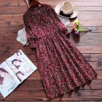 Spring Autumn Women Corduroy Casual Dress Round Neck Printing Cute Vestidos Long Sleeve Mori Girl Wine Red Navy Blue Dress M-2XL