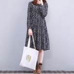 Spring Autumn Women Corduroy Casual Dress Round Neck Printing Cute Vestidos Long Sleeve Mori Girl Wine Red Navy Blue Dress M-2XL