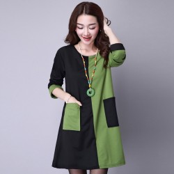 Spring Dress O Neck Long Sleeve Cotton Dress Casual Loose Patchwork Vintage Dress Plus Size Women Clothing