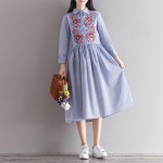 Spring Dress Striped Print Cotton Linen Shirt Dress Casual Long Sleeve Embroidery Vintage Dress Plus Size Women Clothing
