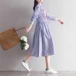 Spring Dress Striped Print Cotton Linen Shirt Dress Casual Long Sleeve Embroidery Vintage Dress Plus Size Women Clothing