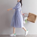 Spring Dress Striped Print Cotton Linen Shirt Dress Casual Long Sleeve Embroidery Vintage Dress Plus Size Women Clothing