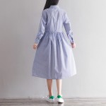 Spring Dress Striped Print Cotton Linen Shirt Dress Casual Long Sleeve Embroidery Vintage Dress Plus Size Women Clothing