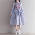 Spring Dress Striped Print Cotton Linen Shirt Dress Casual Long Sleeve Embroidery Vintage Dress Plus Size Women Clothing