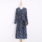 Spring Fashion New Chiffon Flowers Printed Dress Women Long Sleeve Elastic Waist Loose Elegant Dresses Slim Tie Collar Vestidos