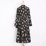Spring Fashion New Chiffon Flowers Printed Dress Women Long Sleeve Elastic Waist Loose Elegant Dresses Slim Tie Collar Vestidos
