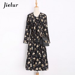 Spring Fashion New Chiffon Flowers Printed Dress Women Long Sleeve Elastic Waist Loose Elegant Dresses Slim Tie Collar Vestidos