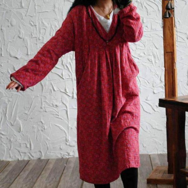 Spring Floral Print Cotton Linen Dress Women Pockets Loose Vestido Ladies Long Sleeve Casual Dresses Pleated V-Neck Women Dress Spring Floral Print Cotton Linen Dress Women Pockets Loose Vestido Ladies Long Sleeve Casual Dresses Pleated V-Neck Women Dress