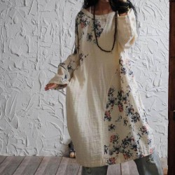 Spring Plus Size Cotton Linen Dresses Loose Vestidos 2018 Original Design Floral Print Dress Vintage Long Sleeve Casual Dress