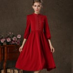 Spring Summer Style Women Dress 2017 Casual Dresses Stand Collar Puff Sleeve High Waist Vestidos Femininos Red Vestido