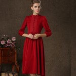 Spring Summer Style Women Dress 2017 Casual Dresses Stand Collar Puff Sleeve High Waist Vestidos Femininos Red Vestido