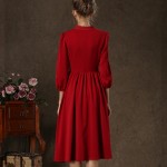 Spring Summer Style Women Dress 2017 Casual Dresses Stand Collar Puff Sleeve High Waist Vestidos Femininos Red Vestido