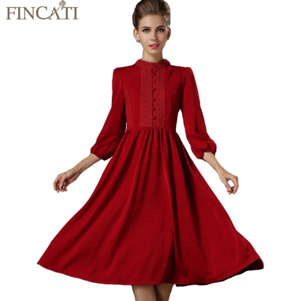 Spring Summer Style Women Dress 2017 Casual Dresses Stand Collar Puff Sleeve High Waist Vestidos Femininos Red Vestido