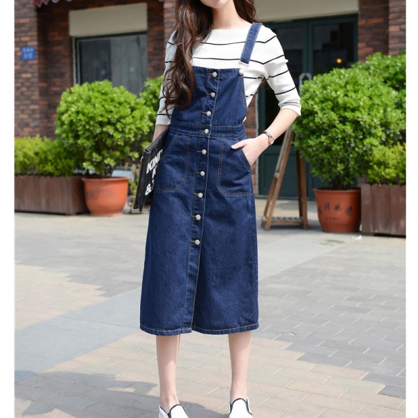 Spring Summer Women Denim Strap Jeans Dress Single Breasted Long Dress Casual Big Size Jeans Dresses With Pockets School Wear