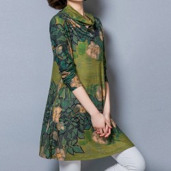 Spring womens plus size long sleeve shirt for office wear 2016 casual loose heap turtleneck fancy Oil printing dress female tops
