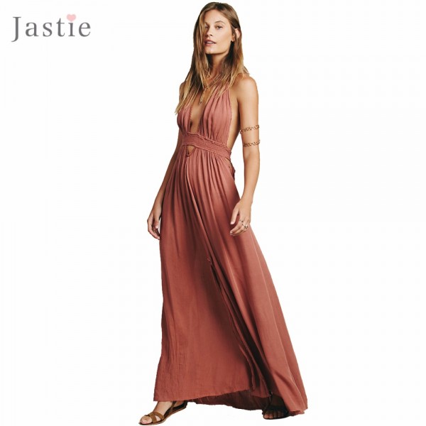 Stretchy Hollow Waist Deep V-Neck Maxi Dresses Backless Halter Neck with Tassel Tie Sexy Dress Summer Boho Beach Vestidos