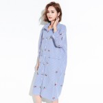 Striped Lapel Shirt Dress Batwing Sleeve Print Embroidery Shirt Dress Three Quarter Sleeve Fow Women Dress Spring 2017