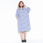Striped Lapel Shirt Dress Batwing Sleeve Print Embroidery Shirt Dress Three Quarter Sleeve Fow Women Dress Spring 2017