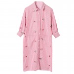 Striped Lapel Shirt Dress Batwing Sleeve Print Embroidery Shirt Dress Three Quarter Sleeve Fow Women Dress Spring 2017