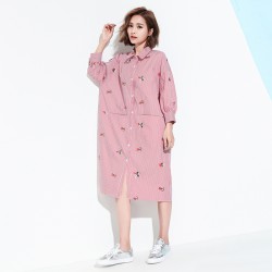 Striped Lapel Shirt Dress Batwing Sleeve Print Embroidery Shirt Dress Three Quarter Sleeve Fow Women Dress Spring 2017