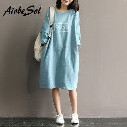 Summer 2016 Women Cotton T-shirt Dress Mori Girl Style Loose Round Neck  Batwing Sleeve Midi Long Dress Robe Femme Vestidos
