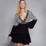 Summer Beach Dress Long Sleeve Mini Dress Bohemia Deep V Neck Sexy Dress Women Embroidery Patchwork Backless Boho Dress