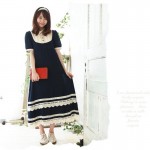 Summer Blue Long Maxi Dress Patchwork Lace Short Sleeve Cotton Japanese Mori Girl Style Casual Dresses