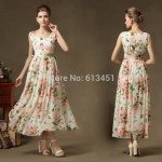 Summer Bohemian Sleeveless Dresses Ladies Chiffon Dress Floral V-neck Ankle-Length Women Dress Brand Vestidos