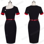 Summer Casual Women Wear To Work Business Office Elegant Belt Short Sleeves Bodycon Pencil Dress EB350