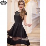 Summer Chiffon Dresses Knee Length Black Short Sleeve Dress Ball Gown Casual Little Black Short Mini Flare Dress for women 2016