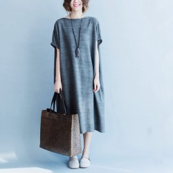 Summer Cotton Dress Gray Black Red Color Loose Dress Casual O Neck Short Sleeve Vintage Dress For People 60kgs~125kgs