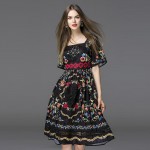 Summer Dress 2016 Bohemia Fashion New Daily Short Flare Sleeve Embroidery New Floral Print Vintage Hollow Square Collar Dress