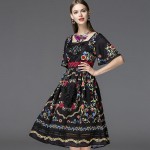 Summer Dress 2016 Bohemia Fashion New Daily Short Flare Sleeve Embroidery New Floral Print Vintage Hollow Square Collar Dress