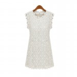 Summer Dress 2016 Sexy Women Casual Sleeveless Short Dress Hollow Out Solid White Knee-Length Lace Dress Vestidos Plus Size
