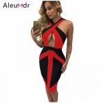 Summer Dress 2017 Sexy Slim Black White/Red/Purple Colorblock Cross Front Elegant Women Bodycon Dress Midi LC61107 Vestidos
