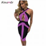 Summer Dress 2017 Sexy Slim Black White/Red/Purple Colorblock Cross Front Elegant Women Bodycon Dress Midi LC61107 Vestidos