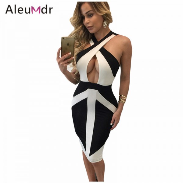 Summer Dress 2017 Sexy Slim Black White/Red/Purple Colorblock Cross Front Elegant Women Bodycon Dress Midi LC61107 Vestidos