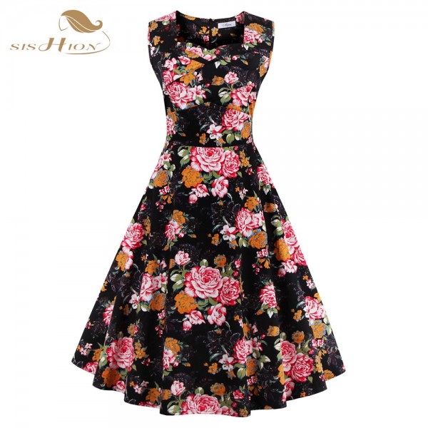 Summer Dress 2017 Vintage Rockabilly Dresses jurken 60s 50s Vintage Big Swing Pinup Audrey Hepburn Floral Print Dress VD0278