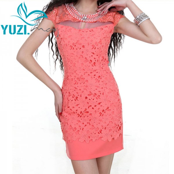 Summer Dress 2017 Yuzi.may Casual New Bodycon CrystalCollar Short Sleeve Hollow Out Lace Patchwork Women Dresses A6006 Vestidos