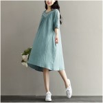 Summer Dress Blue Color Half Sleeve O Neck Cotton Dress Casual Loose Loose Waist Vintage Women Dress Size M-2XL