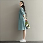Summer Dress Blue Color Half Sleeve O Neck Cotton Dress Casual Loose Loose Waist Vintage Women Dress Size M-2XL