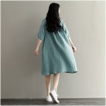 Summer Dress Blue Color Half Sleeve O Neck Cotton Dress Casual Loose Loose Waist Vintage Women Dress Size M-2XL