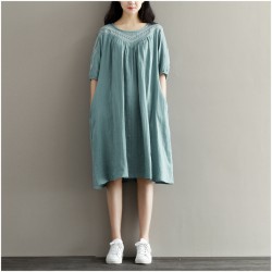 Summer Dress Blue Color Half Sleeve O Neck Cotton Dress Casual Loose Loose Waist Vintage Women Dress Size M-2XL