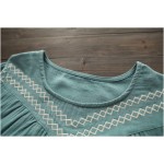 Summer Dress Blue Color Half Sleeve O Neck Cotton Dress Casual Loose Loose Waist Vintage Women Dress Size M-2XL