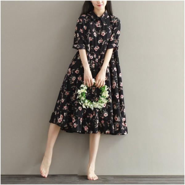 Summer Dress Floral Print Loose Waist Women Dress Turn Down Collar Dress Black Color Plus Size Women Clothing Beach Dress