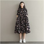 Summer Dress Floral Print Loose Waist Women Dress Turn Down Collar Dress Black Color Plus Size Women Clothing Beach Dress